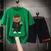 Herrspårar Bomull Korea Style Summer T Shirt Set Harajuku Bear Shorts Tees Suits Men Women Streetwear Overdimased Unisex Anime