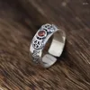 Anelli a grappolo Anello mantra in vero argento sterling puro S925 per le donne con granato naturale stile vintage sei parole tipo di apertura gioielli buddisti