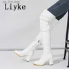 Bottes Liyke automne hiver blanc en cuir verni sur les bottes au genou femmes fête Zip cuissardes chaussures mode bout rond épais talon pompes T230824