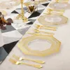 Engångsgalleriserade gyllene party bestick set matbord dekoration åttkantig plastplatta silvervaror bröllop födelsedag leveranser 230825
