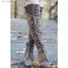 Boots Bonjomarisa Classic Brand Chunky Heel Lace Up Vintage Women Knee High Boots Designer Comfy Walking Cowboy Ladies Shoes Footwear T230824