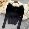 Kvinnors tröjor Autumn Fashion Design päls lapptäcke snörning V-ringning långärmad kroppskondestunika sexig stickade korta stickor tees