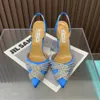 Aquazzura Blue Satin Rhinestone Cross Decoration Pumps Spool Heels Spool Heels Sandals heeled luxurys 디자이너 드레스 신발 저녁 슬링 백 공장 신발