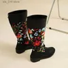 Boots Womens Genuine Leather Knee High Embroidered Vintage Shoes Ethnic Style Winter Zipper Cow Suede Lace Up Long Boots T230824