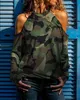 Women's T-Shirt Top Fashion Camouflage Cold Shoulder Long Sleeve Distress Design Casual OTTD Top Blouses Autumn All-Match Pullover 230824