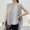 Camisetas femininas Miyake plissado cor sólida clássico sem mangas simplificar t-shirt para mulheres gola redonda y2k elegante preto solto casual top