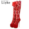 Boots Liyke 16CM Ultra Thin High Heels Sexy Nightclub Hollow Out Over The Knee Boots Women Peep Toe Lace-Up Zip Platform Shoes Sandals T230824