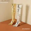 Botas sobre la rodilla Botas para mujer Moda Tacón de bloque Oro Plata Metálico Moda Bling Botas Punta estrecha Invierno Otoño Zapatos T230824