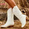 Stövlar Cowboy White Western Sewing Floral Mid-Calf Boots For Women 2023 Spring Summer Pointed Toe Chunky Heels Cool Cowgirl Boots Shoes T230824