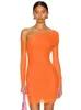 Lässige Kleider 2023 Sommer Orange Mini Kurzes, figurbetontes Verbandkleid Frauen Single Off Shoulder Langarm Sheer Plissee Abend Club Party