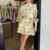 Casual Dresses Women Print Dress Silk Linen Long Sleeve 2023 Spring Single Breasted Lantern Yellow Floral Fairy Short