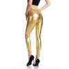 Kvinnors byxor kvinnor faux läder leggings våt utseende metalliska benbyxor sträcker meging vuxen elastisk midja mager