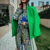 Женские костюмы Blazers Kondala Vintage Green Floral Women Women Suits Soirte Single Duting Loy Rush и High Wasit широкие брюки Boho Sets 230824