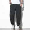 Pantaloni Harem a righe con fibbia a disco primavera estate Pantaloni da uomo in cotone traspirante e lino con fibbia Pantaloni casual alla moda LF20230824.