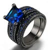 Anéis de cluster 2 Pçs / set Conjunto de Anel Feminino Preto Moda Azul Zircão Cúbico Strass para Banda de Casamento Aniversário Jóias Atacado