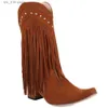 Szerokie ułożone obcasy Western Fringe Bonjomarisa Cowboy Calf Retro Riding Buts Slip na swobodnym wypoczynku jesienne buty t