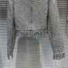 Damen Wollmischungen PREPOMP Herbst Ankunft Langarm Pailletten Helle Seide Plad Gepolsterte Schulter Tweed Quaste Kurze Jacke Frauen GL466 230824