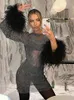 Basic Casual Dresses Sexy Shinny Sequins Mesh Feathers Tassel Mini Dresse See Through Long Sleeve s Dress 2023 Club Party Vestidos 230825