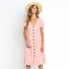 Party Dresses Summer Short Sleeve V Neck Button Down Swing Midi Dress Women 2023 Casual Style Solid Tunic With Pocket Beach