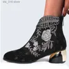 Laarzen Dames Nieuwe Etnische Stijl Borduren Strass Halfhoge Kuitlaarzen Herfst Winter Dikke Hakken Laarsjes Plus Maat 36-43 Zapatos De Mujer T230824