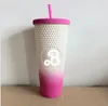 Bicchieri da 24 once rosa caldo Tazze con manico Coperchi per bicchieri in acciaio inossidabile isolati Bottiglie d'acqua thermos per caffè in paglia