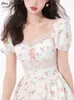 Verão floral coreia kawaii dres roxo frança vintage elegante festa mini vestidos renda impressão casual doce vestido de fada bonito 230808