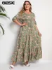 Plus size jurken GIBSIE Grote maten bloemenprint Knoop voorkant Ruche zoom Zomerjurk Dames Vakantie Boho Pofmouwen Split A-lijn Maxi Lange jurken 230824