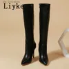 Boots Liyke 2023 Sexy Pointed Toe Pole Dance Stiletto Heels Knee High Boots Fashion Zip Black White Women Long Shoes Botas Altas Mujer T230824