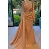 Dusty Champagne Long Sleeves Prom Dress Floral Satin Evening Party Dress with Side Sweep Train Zipper Back Robe De Soiree
