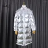 Women's Trench Coats Star's samma 2023 Winter Women Luxury White Duck Down Bright Silver Kneo Overcoat X-Long Loose Thicked Hooded Jacket