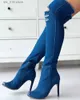 2023 Summer Boots Women Over Knee Demin Peep Toe Stiletto High Heel Zip Sexig Elegant Design Stylish Footwear Shoes T2308 3F63