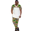 Survêtements pour hommes Patchwork Tops Col V Chemise Homme Pantalon Ensemble Manches Courtes Costume De Marié Africain Occasion Wear
