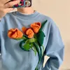 Sweats à capuche pour femmes Crochet à main 3D Tulip Sweat-shirt Dames Streetwear 2023 Surdimensionné Crewneck Femmes Solide Manches longues Slouch Pull Tops