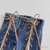 INS filles croix lier jeans mode enfants amour coeur poche denim pantalon évasé enfants fermeture éclair botte coupe cowboys pantalon S0422V