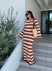 Basic Casual Dresse's Cotton Knitted Bodycon Backless Dress Striped Hollowed Out Flared Sleeves Ruffle Vestidos Oneck Vacation Wave Cut Robe 230825