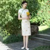 Roupas étnicas Sexy Manga Curta Floral Folhas Bordadas Mulheres Chinesas Cheongsam Elegante Mandarim Collar Chiffon Qipao Vestidos