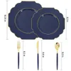 Disposable Dinnerware 50Pcs Blue Plastic Plates and Gold Silverware Party Tableware Set Adult Birthday Decoration Wedding 230825