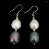 Dangle Earrings KKGEM Cultured 12x14mm Freshwater White Baroque Pearl Black Rice Hook