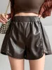 Women's Shorts QOERLIN Soft PU Elastic Waist Wide Leg Winter Autumn High Pants Pocket Faux Leather Y2K Streetwear