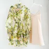 Casual Dresses Women Print Dress Silk Linen Lång ärm 2023 Spring Single Breasted Lantern Yellow Floral Fairy Short