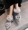 Botas de inverno femininas pontiagudas de metal tornozelo cristal raposa padrão toe glitter pele mocassins bottes femme