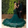 Teal African Mermaid Prom Dresses Sheer Pärled Crystals Feather Black Girls Nigeria Robe de Soiree Evening Dresses Gown