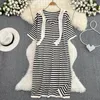 Casual Dresses Summer French Style Dress Loose Fit Shawl Design Medium Length Side Split Hooded Stripe Knitted A-Line Vestidos