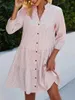 Robes décontractées de base élégante robe imprimée à carreaux col montant cardigan à simple boutonnage habillée femme trois segments robe à manches mi-longues 230824