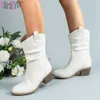 Laarzen Westerse Cowgirl Dames Korte Laarzen Dikke Mid Hakken Retro Borduur Pull On Country Concert Disco Cowboy Schoenen Enkellaarsjes Vrouw T230824