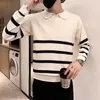 Herrtröjor Spring Autumn High Quality Knitwear Sweater Polo Collar Korean Casual Men Sticked Solid Color Long Sleeve Pullover Top D174