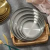 Diskplattor 1417202326cm rostfritt stål Benspottskål Guld Silver Silver Grunt TRAY RUND PLATE METAL META MATTISK DESSERT TABELT 230825