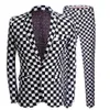 男性スーツブラックホワイト格子縞のプリント2ピースウェディンググルームファッションジャケットステージシンガーホストダンサースリムフィットコスチュームパート2985