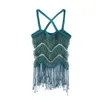 Tanques femininos Camis Verão Knit Tank Top Crop Tops Slim Sexy com Tassel Spaghetti Strap Colete Verde Feminino Backless Corset Ladies Camisole 230825