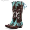 Laarzen Blauw Borduur Western Cowboy Laarzen Voor Vrouwen Punk Hoge Hakken Knie Hoge Laarzen Dames Herfst Winter Cowgirl Laarzen Schoenen T230824